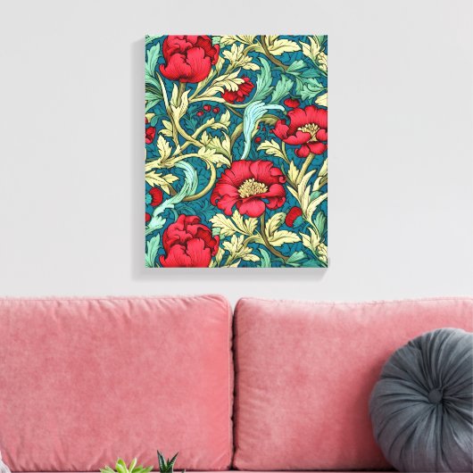 William Morris geïnspireerd door Red Flowers Patte Canvas Afdruk (Insitu (Woonkamer))