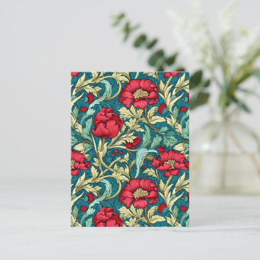 William Morris geïnspireerd door Red Flowers Patte Feestdagenkaart (Staand voorkant)