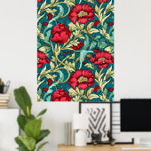 William Morris geïnspireerd door Red Flowers Patte Poster (Thuiskantoor)