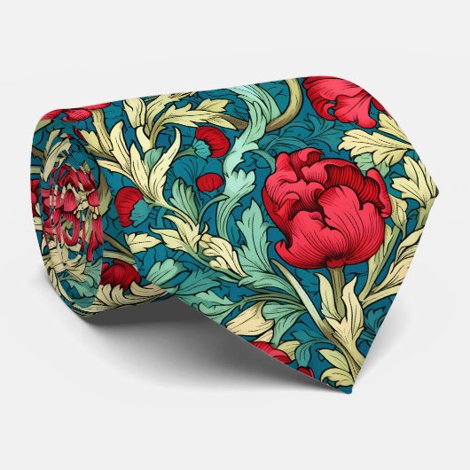William Morris geïnspireerd door Red Flowers Patte Stropdas (Opgerold)