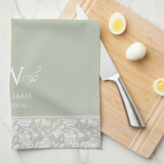 William Morris Geïnspireerd Grijs Groen Bloemen Cu Theedoek (Quarter Fold)