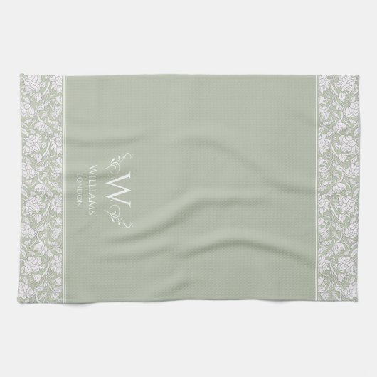 William Morris Geïnspireerd Grijs Groen Bloemen Cu Theedoek (Horizontaal)