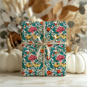 William Morris geïnspireerd koper roze gele bloeme Cadeaupapier