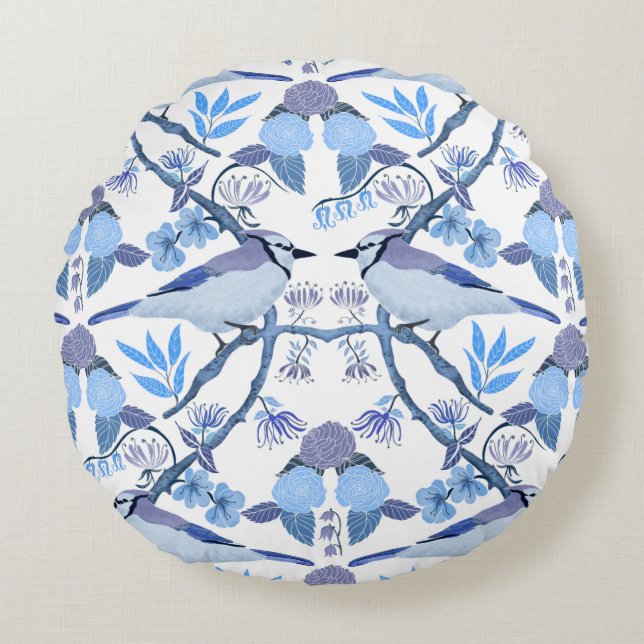 William Morris geïnspireerde Bluejay botanische af Rond Kussen (Voorkant)