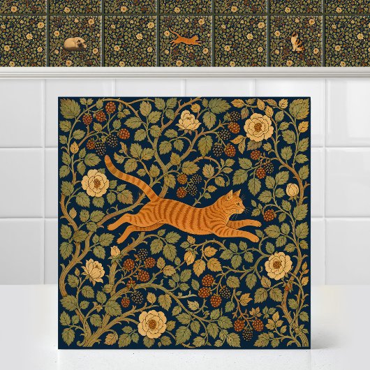 William Morris gember tabby kat springende prieel Tegeltje