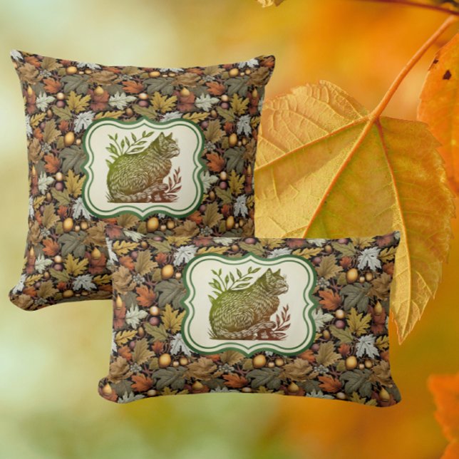 William Morris gepersonaliseerde herfstbladeren me Kussen (Vintage cats adorn these autumn pillows)