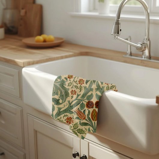 William Morris Green Rust en Cream Bloemen Patroon Theedoek