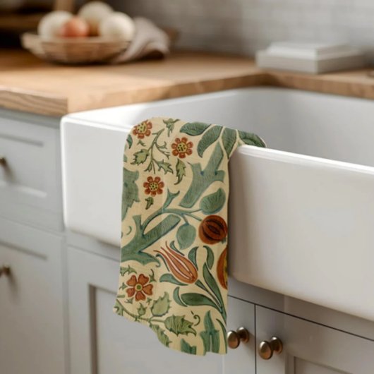 William Morris Green Rust en Cream Bloemen Patroon Theedoek