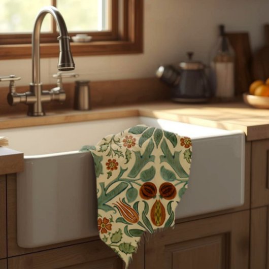 William Morris Green Rust en Cream Bloemen Patroon Theedoek