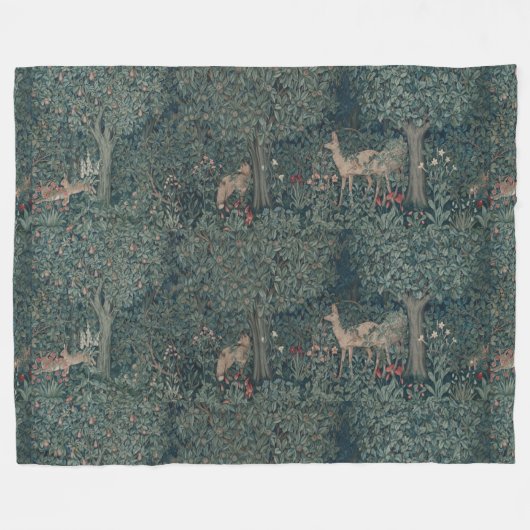  William Morris Greenery Forest Animals Fleece Deken (Voorkant (Horizontaal))