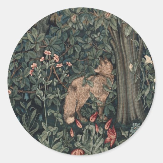 William Morris Greenery Fox Wildlife Ronde Sticker (Voorkant)