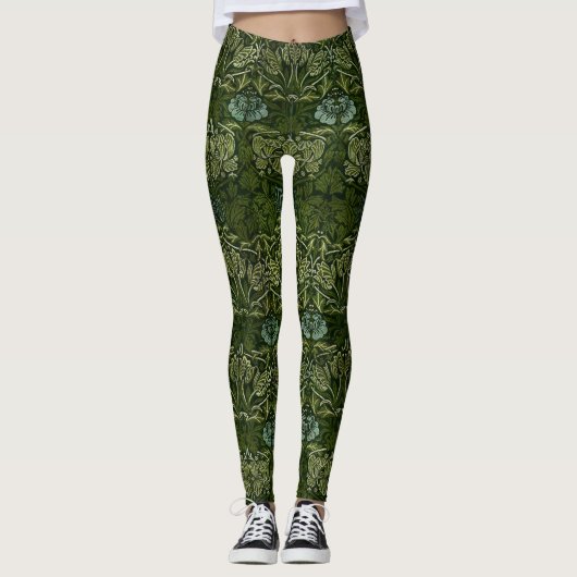 William Morris Grote Groene Bladeren & Blauwe Bloe Leggings (Voorkant)