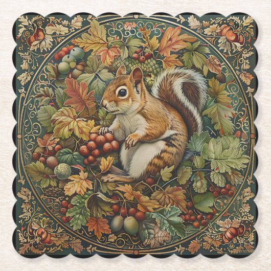 William Morris Herfst Chipmunk Bladeren Bessen Kartonnen Onderzetters (Voorkant)