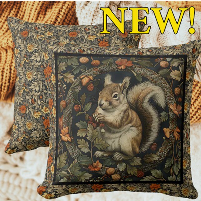 William Morris Herfst Eekhoorn Herfst Bladeren Kussen (Stunning William Morris Autumn Squirrel illustration!)