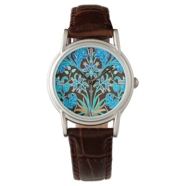 William Morris Hyacinth Print, Aqua en Brown Horloge (Voorkant)
