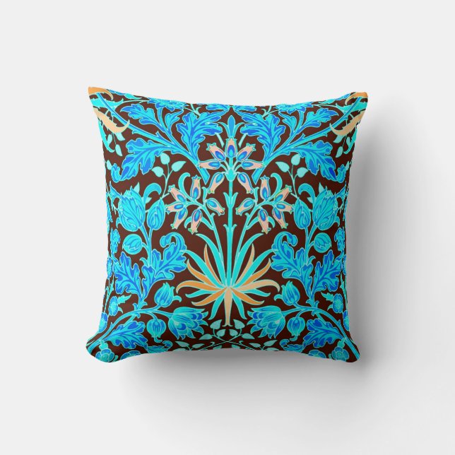William Morris Hyacinth Print, Aqua en Brown Kussen (Voorkant)