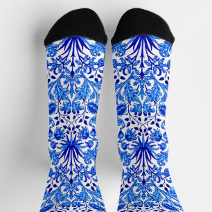 William Morris Hyacinth Print, Kobaltblauw en Wit Sokken