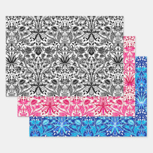 William Morris Hyacinths, zwart/wit, roze, blauw Inpakpapier Vel