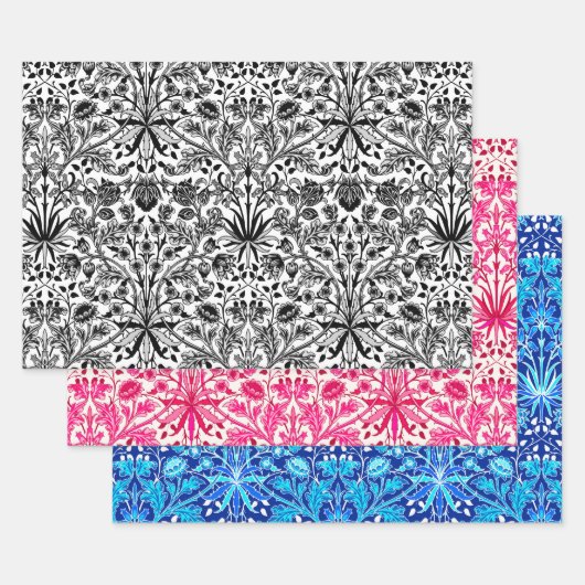 William Morris Hyacinths, zwart/wit, roze, blauw Inpakpapier Vel (Set)