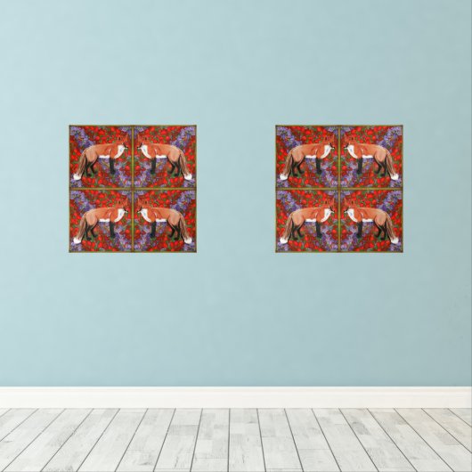 William Morris Inspired Fox with poppies bluebell  Muurkunst Sets (Houten vloer)
