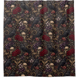 William Morris Inspired Pattern Gothic Skulls Douchegordijn