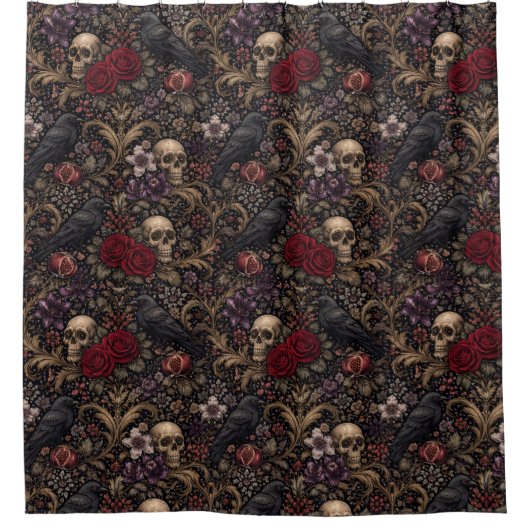 William Morris Inspired Pattern Gothic Skulls Douchegordijn (Voorkant)
