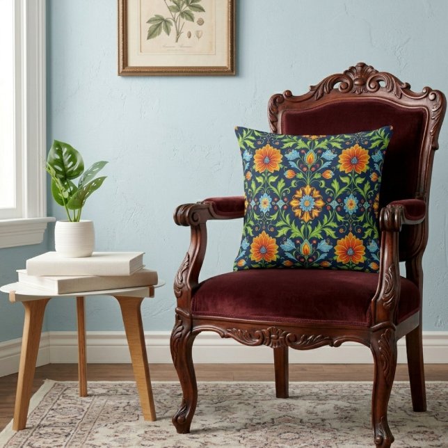 William Morris Inspired Pattern Orange Blue Flower Kussen (William Morris Inspired Pattern Orange Blue Flower Throw Pillow by Ricaso, Vintage twist modern art)