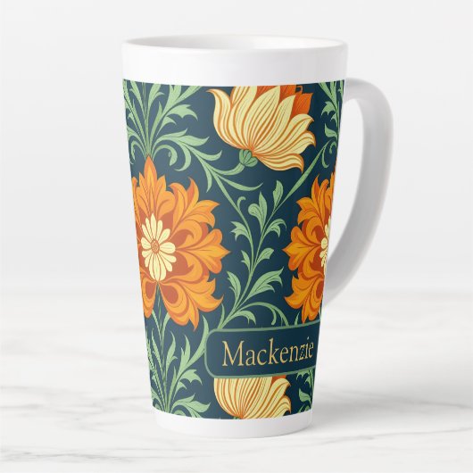 William Morris Inspired Pattern Orange Flower Latte Mok (Rechterhoek)
