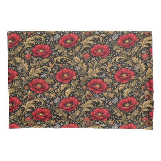 William Morris Inspired Pattern Red Poppy Kussensloop (Voorkant-Links)
