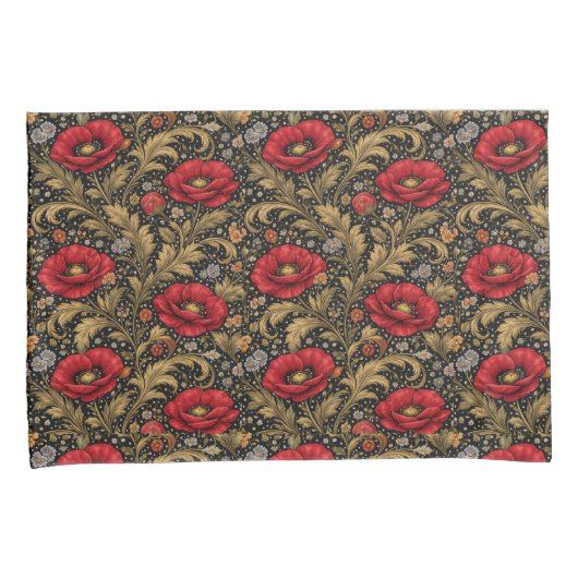 William Morris Inspired Pattern Red Poppy Kussensloop (Voorkant-Rechts)