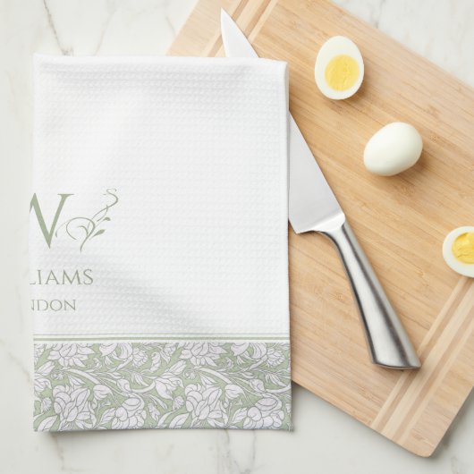 William Morris Inspired Sage Green Floral Custom Theedoek (Quarter Fold)