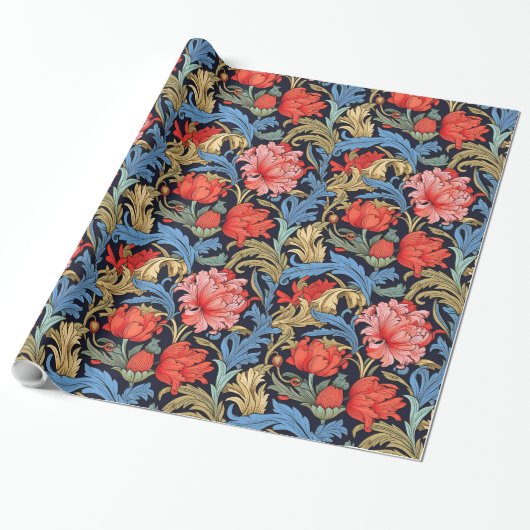 William Morris inspireerde dieprode pastel roze bl Cadeaupapier (Uitgerold)