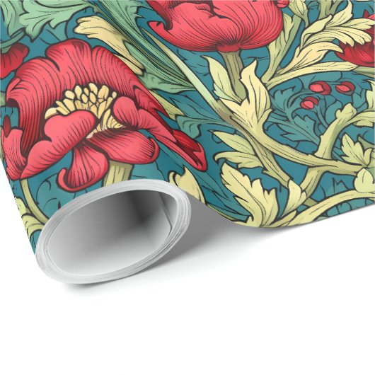 William Morris inspireerde dieprode pastelgroen bl Cadeaupapier (Rol Hoek)