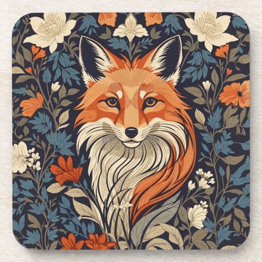 William Morris inspireerde Floral Red Fox Bier Onderzetter (Voorkant)