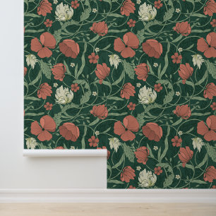 William Morris inspireerde Green Red Botanical Flo Behang