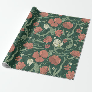 William Morris inspireerde Green Red Botanical Flo Cadeaupapier