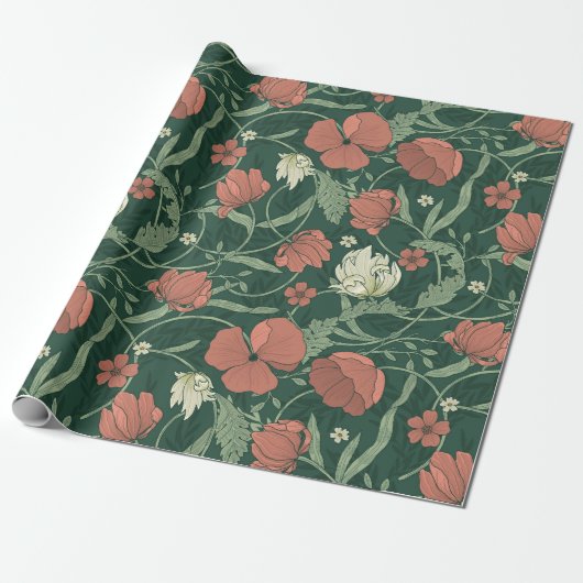 William Morris inspireerde Green Red Botanical Flo Cadeaupapier (Uitgerold)
