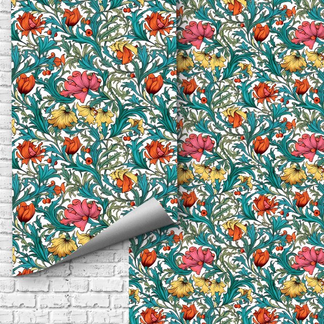 William Morris inspireerde roze blauwe gele bloeme Behang (William Morris inspired pink blue yellow flowers Wallpaper)