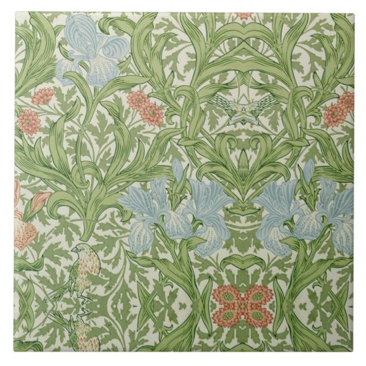 William Morris Iris Bloemen Blauw gebladerte Vogel Tegeltje (Voorkant)