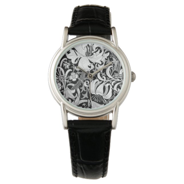 William Morris Iris en Lily, Black en White Horloge (Voorkant)