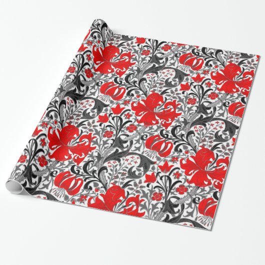 William Morris Iris en Lily, Black, White en Red Cadeaupapier (Uitgerold)