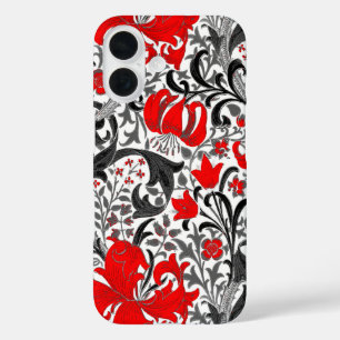 William Morris Iris en Lily, Black, White en Red iPhone 16 Hoesje