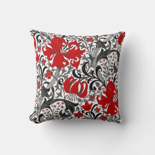 William Morris Iris en Lily, Black, White en Red Kussen (Voorkant)