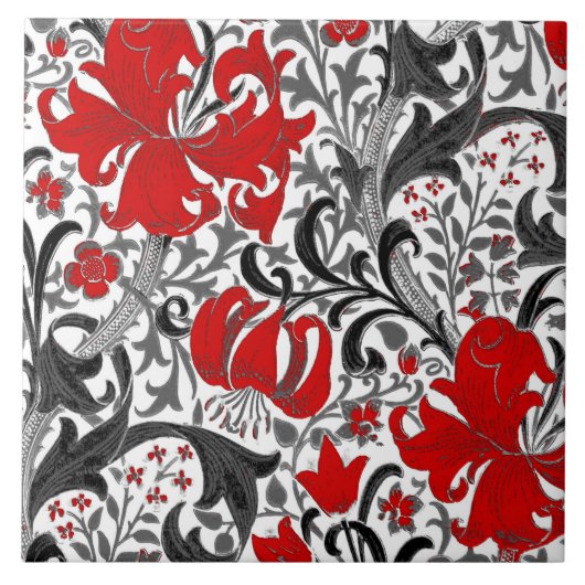 William Morris Iris en Lily, Black, White en Red Tegeltje (Voorkant)