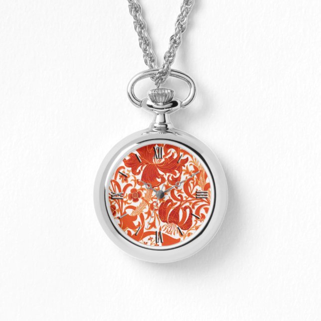 William Morris Iris en Lily, Mandarin Oranje Horloge (Voorkant)