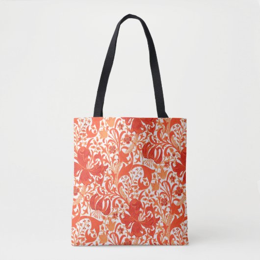 William Morris Iris en Lily, Mandarin Oranje Tote Bag (Voorkant)
