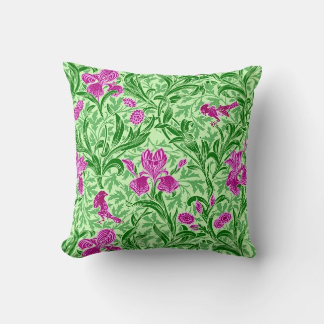 William Morris Irise, Green, Magenta en Orchid Kussen (Voorkant)