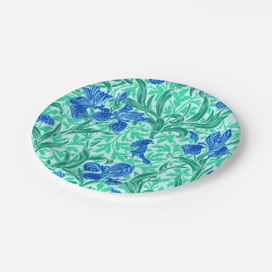 William Morris Irises, Cobalt Blue, Aqua en Blauwg Papieren Bordje (Gekanteld)