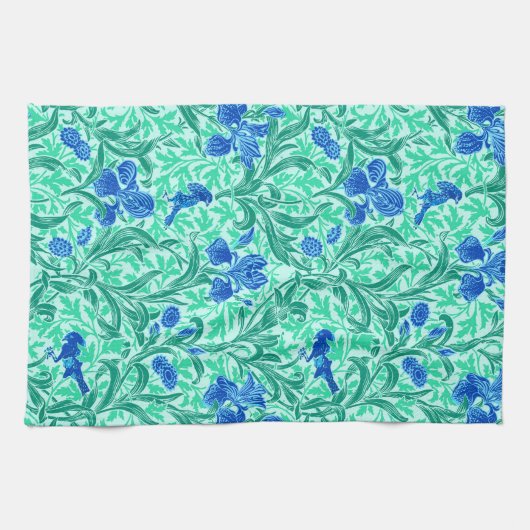 William Morris Irises, Cobalt Blue, Aqua en Blauwg Theedoek (Horizontaal)