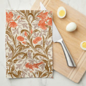 William Morris Irises, Coral Oranje, Brown & Beige Theedoek (Quarter Fold)